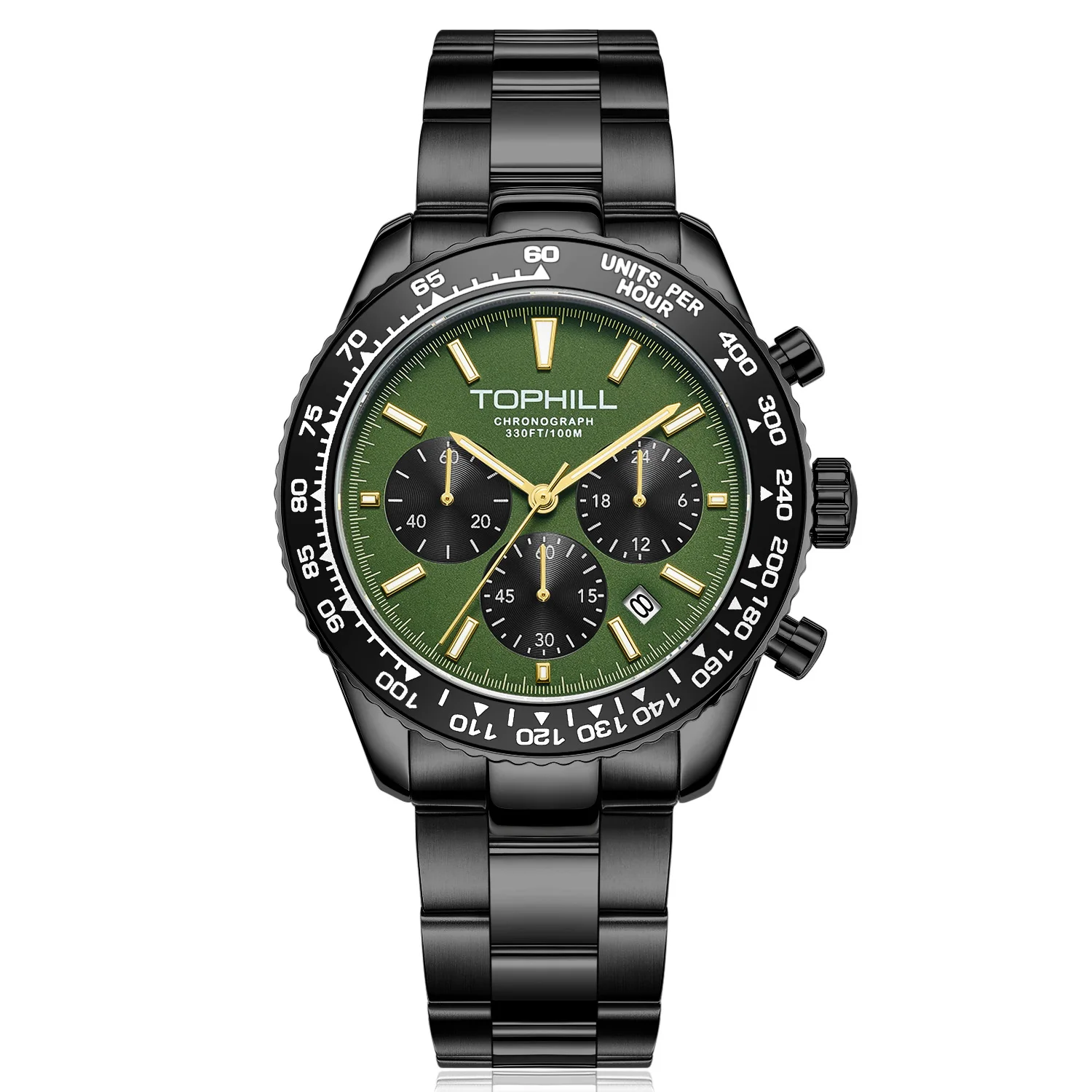 TOPHILL Watch 41mm VD53 Quartz Watch Chronograph TACHYMETER Wristwatch Sport Swim Waterproof 100 Meters Sapphire Crystal 4.5H Date C3 Luminous TD013G