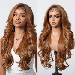 13*6 Swiss Lace Frontal Synthetic Wigs Preplucked Long Golden Brown Body Wave Afro Wigs Dark Root Wigs for Black Women Brazilian