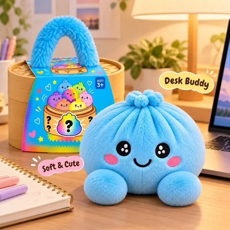 Cute Plush Stuffed Dumpling Squishies with Bamboo-Style Steamer Basket, Big Rainbow Squishy Toy, Home Decor Christmas Gift