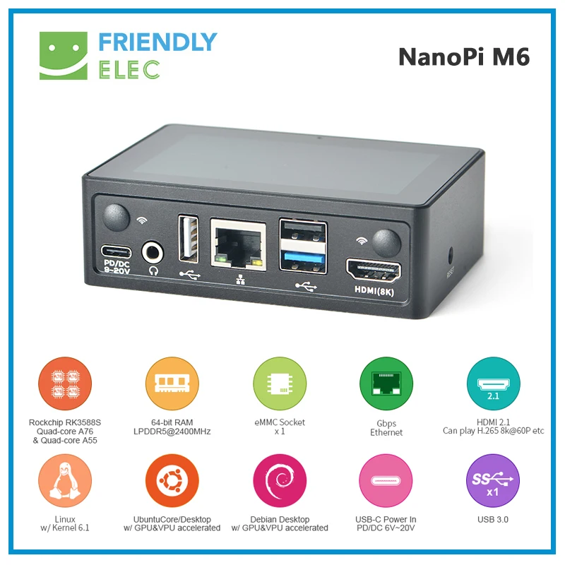 NanoPi M6 Metal Case with LCD  Rockchip RK3588S|4/16/32GB RAM|Gbps Ethernet Port|Support 8K