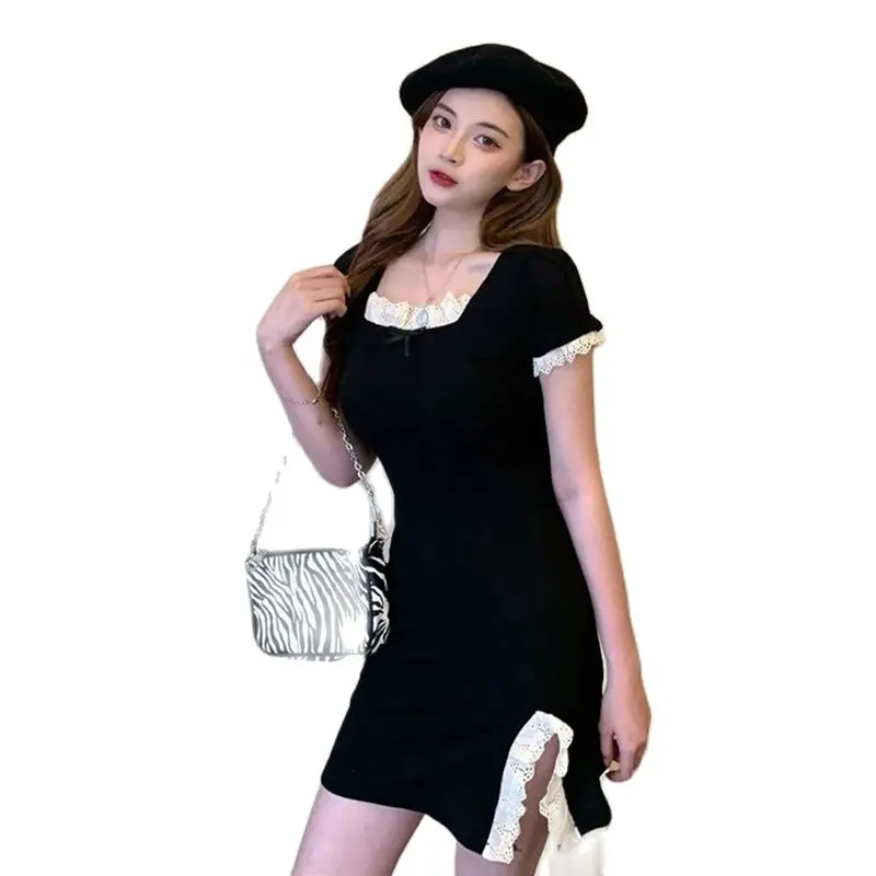 

Female Sundress Vestidos Lace splicing Short-Sleeved Dress Summer Slim Black Dresses 2022 New Sexy Feminino Dress Pullover 3XL