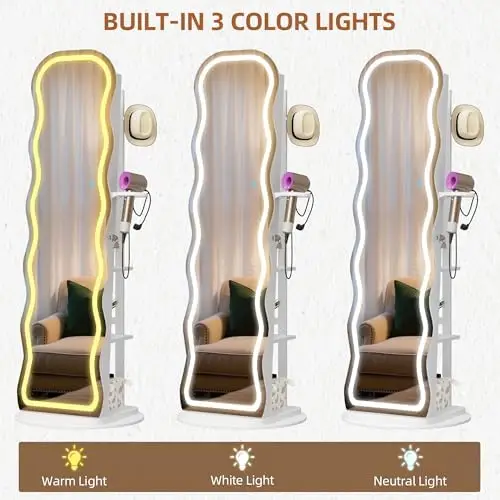 LED Mirror Jewelry Cabinet Standing, 360° Swivel, White | Lockable Jewelry Armoire with Mirror, Interior LED Makeup