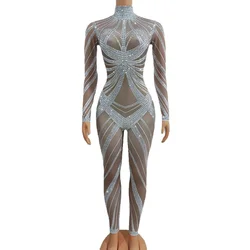 Women Sexy Dance Costume Nightclub Performance Stage Wear Party Birthday Rompers Sparkly Silver Rhinestones Stretch Jumpsuit