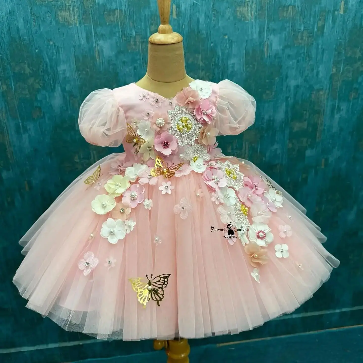 

Blush Pink Floral Girls Birthday Dress Party Gowns Sunflower Butterfly Flower Girl Dress For Wedding Customized Princess Dress