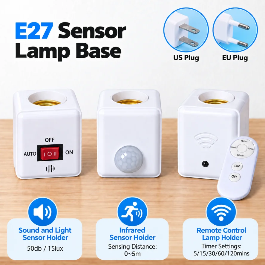 E27 Sensor Lamp Holder PIR Motion / Sound Light Sensor / Remote Control Timer Socket Base E27 Lamp Socket for LED Light Bulb