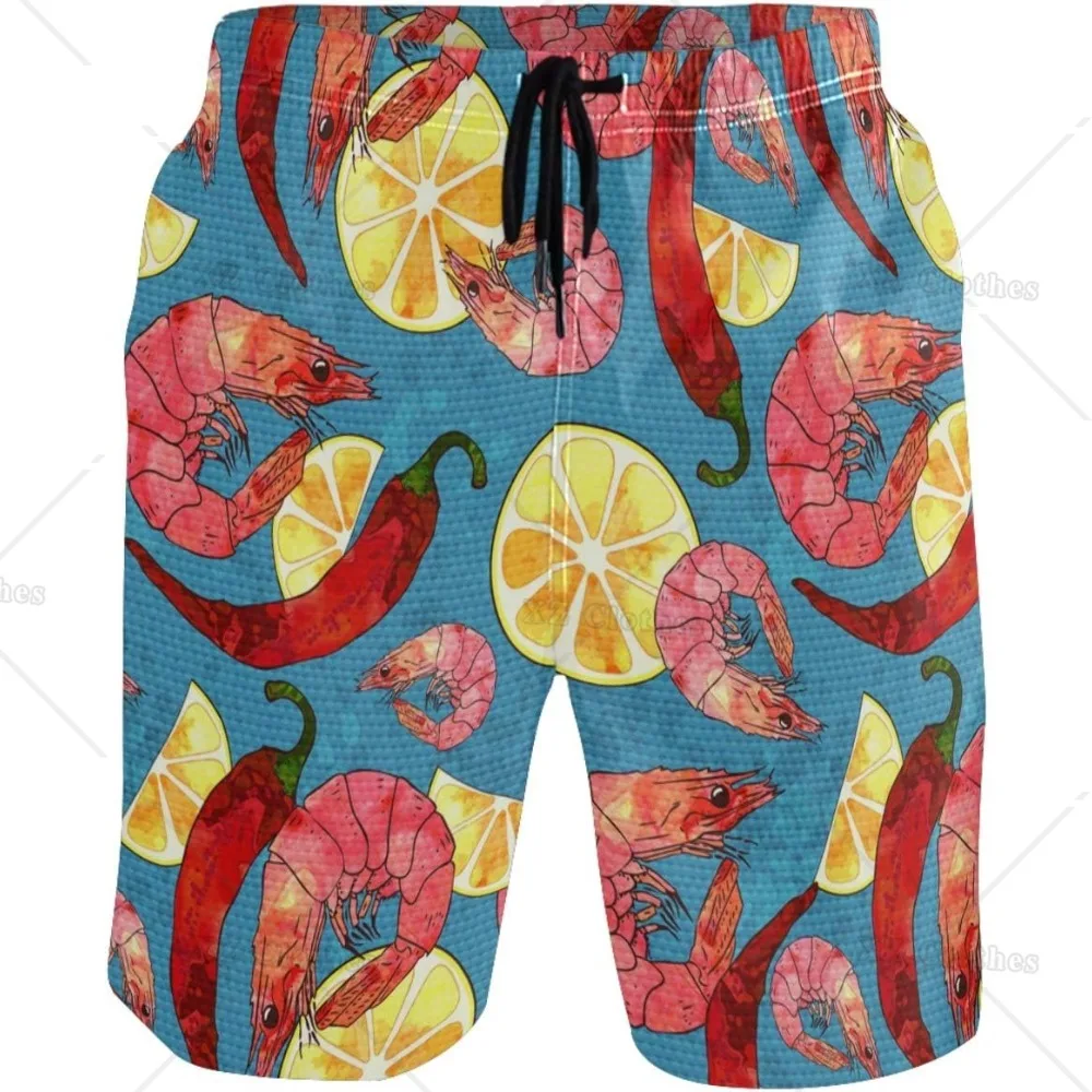 Lemon Chili and Shrimp Print Men's Beach Shorts Hot Summer Swim Trunks Sports Running Bathing Suits with Mesh Lining and Pocket