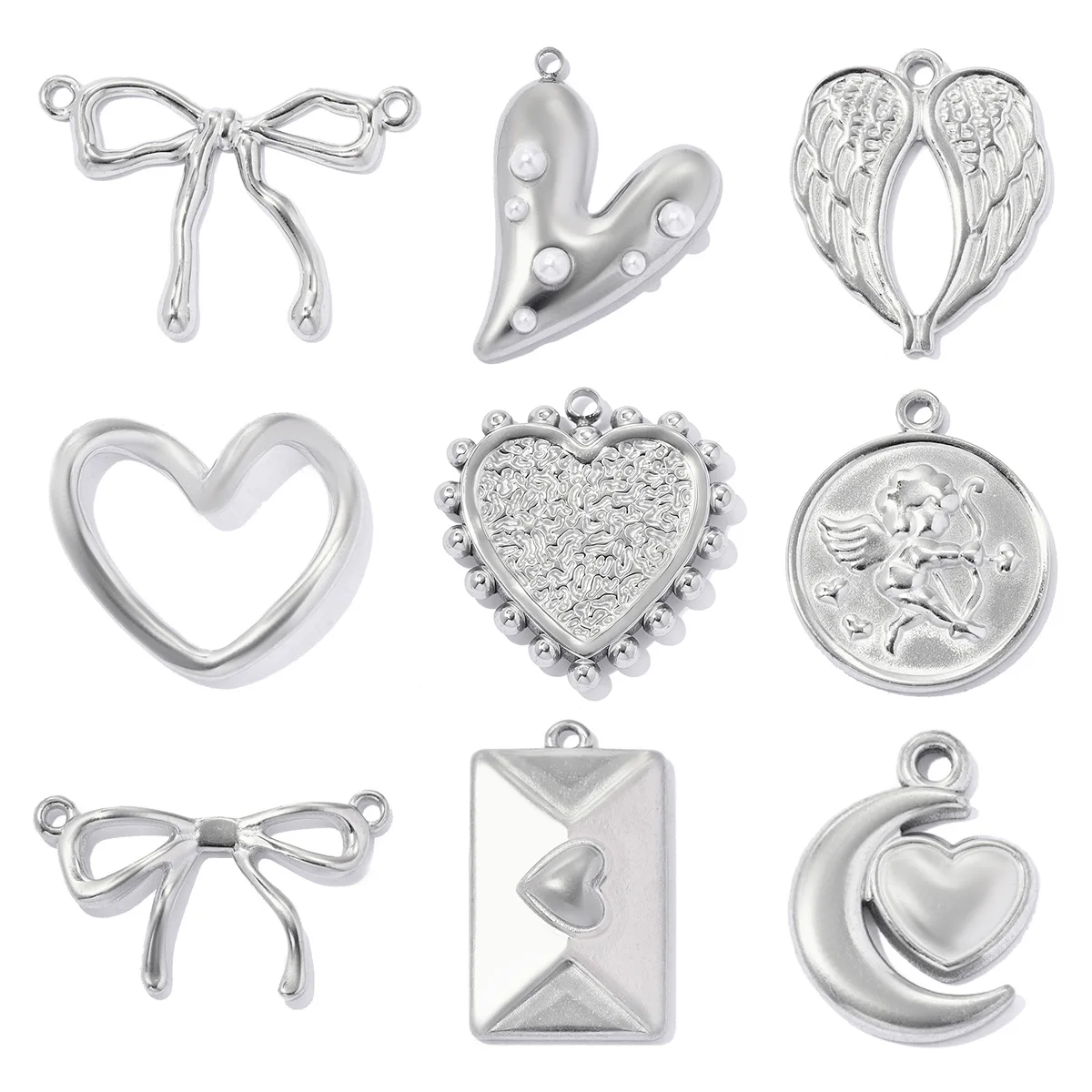 5pcs/Lot Stainless Steel Cupid Amor DIY Charms Heart Envelope Necklace Pendants Woman Bowknot Angel Wing Jewelry Wholesale