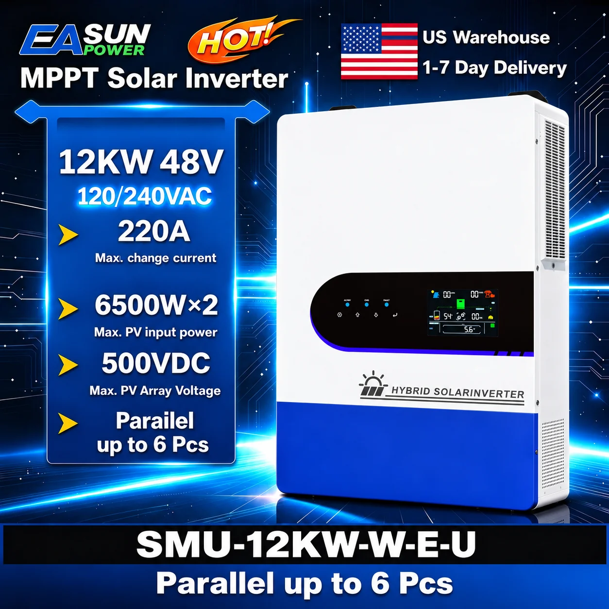 EASUN POWER 12KW Split Phase Solar Inverter 12000W Two MPPT Hybrid Solar Inverter 160A 500VDC PV Input 110VAC 48VDC Pure Sine Wave Hybrid Dual Output 120V/220V Parallel Solar Charging Control Paralleled Duty Free