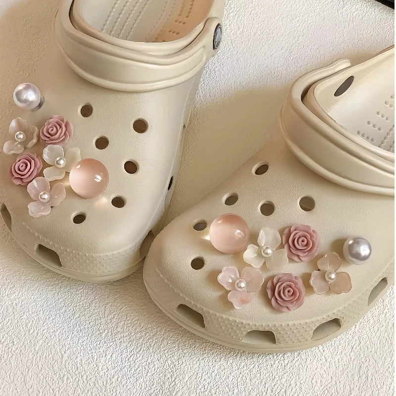 Vintage Gothic Dark Purple Camellia Set Shoe Charms Accessories for Slide Sandals Clogs DIY Decoration Shoe Buckle Pins Gifts