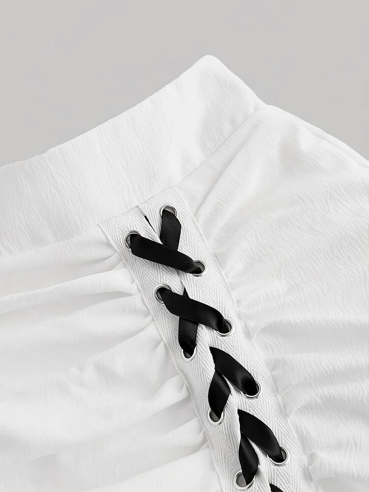 Weißer, plissierter asymmetrischer Rock mit Schnürung, langer Rock, sieht groß und schlank aus, geeignet für Frühlings- und Sommerkleidung