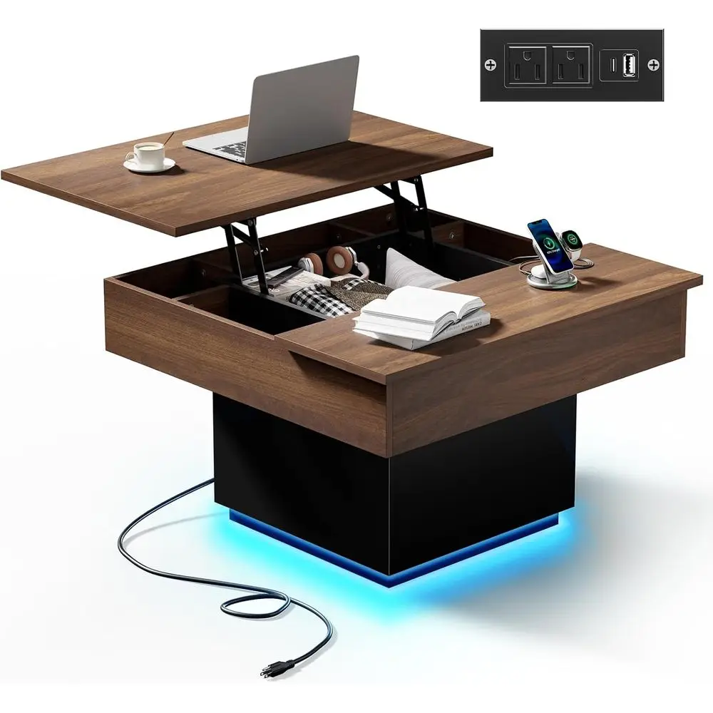

LED-Illuminated Coffee Table with Charging Port, 31.5 Square Storage Coffee Table, Suitable for Living Room and Dining Area, Bla