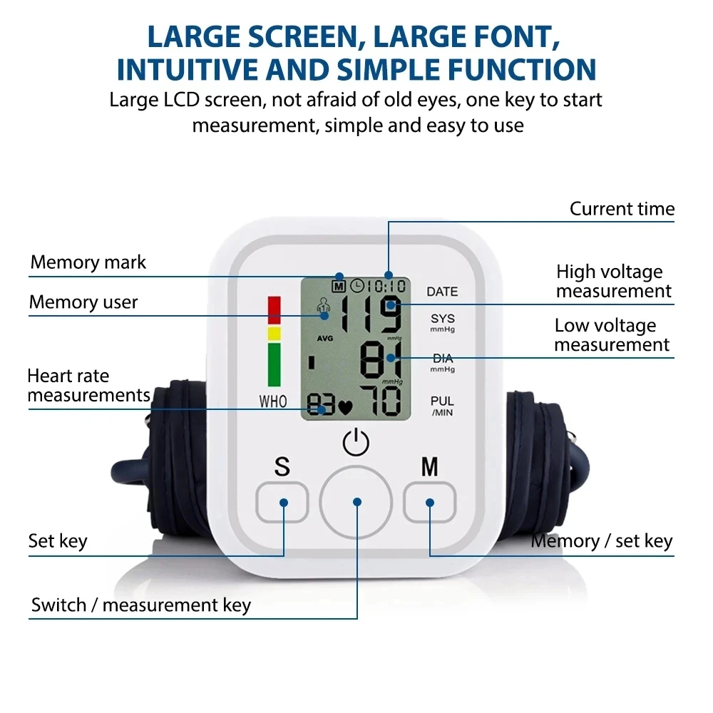 Arm Blood Pressure Monitor BP Equipment Automatic Professional Medical Portable Tonometer Digital Tensiometer Heart Rate Monitor