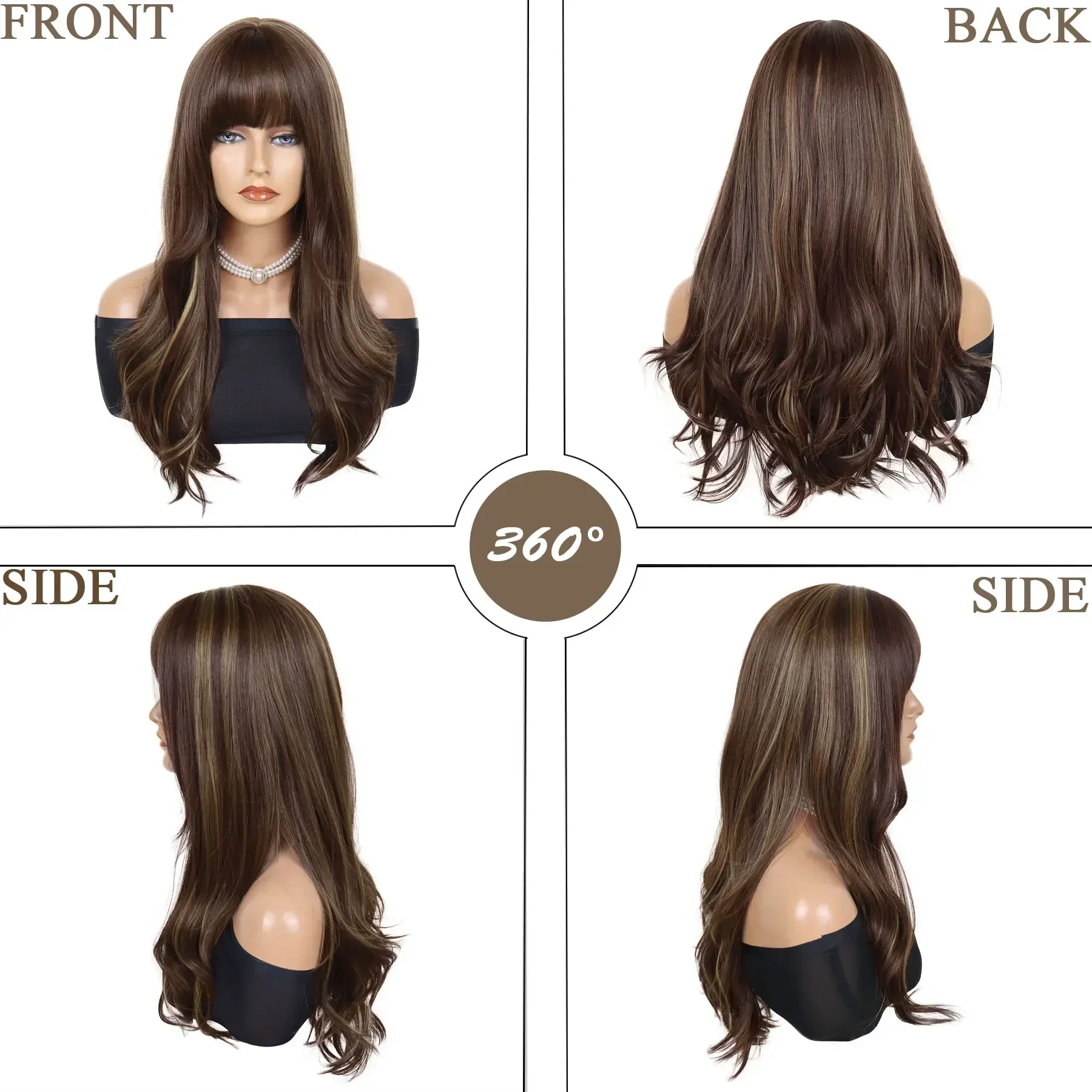 شعر مستعار اصطناعي ممتاز مع غرة، شعر مستعار بني طويل مموج للنساء، تسريحات شعر طبيعية، أزياء تنكرية، يسلط الضوء على شعر مستعار أشقر مزيج