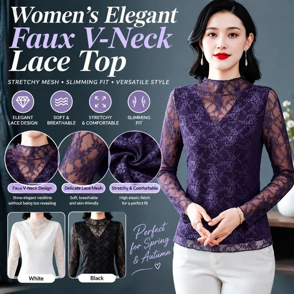 Fake V Neck Women Lace Shirt Floral Lace Long Sleeve Mock V Neck Blouse Stretchy Mesh Hides Extra Fat Long Sleeve Top