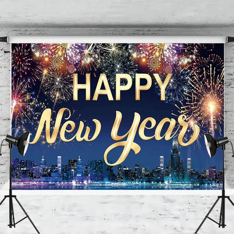 Happy New Year Backdrop Sign Poster Banner Fireworks Photography Background Party Decorations Photo Booth Studio Props