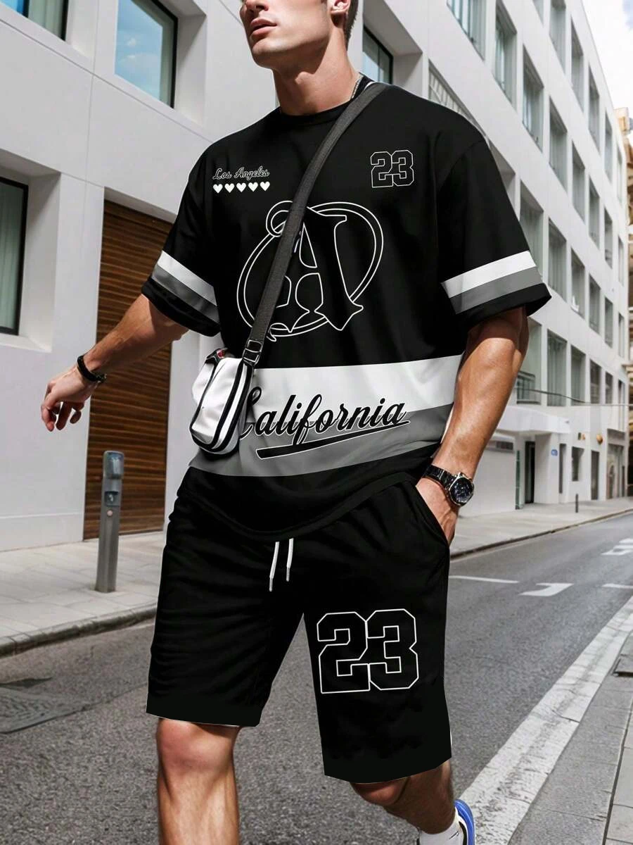 

Men's Los Angeles 3D Print Short Sleeve T-Shirt & Shorts Set Round Neck Gradient Short Sleeved Women's T-shirt Shorts Set