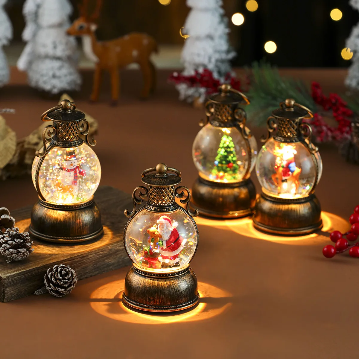 Christmas Decorations USB Musical Snow Globe Lighted Resin Christmas Ornaments Handheld Lantern Ornament Figurine Decorative