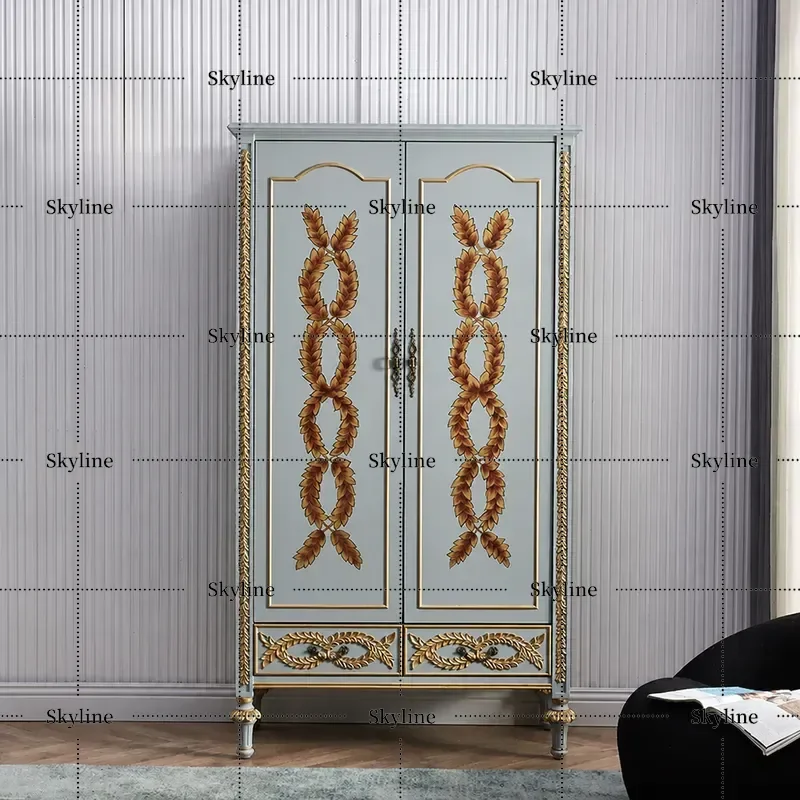 for American Rural Solid Wood Two Door Wardrobe Small Apartment Mobile Economy Bedroom Large Storage Clothes Pole Single
