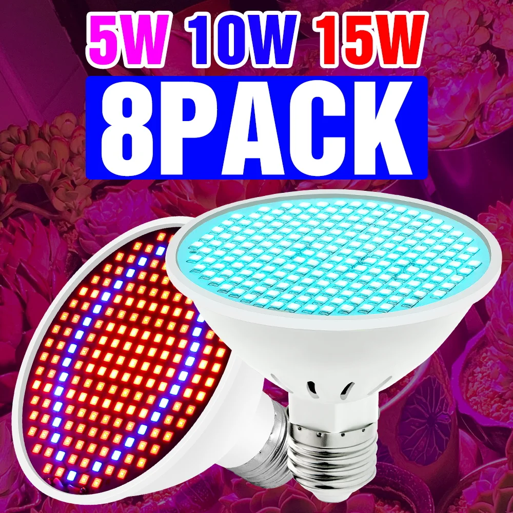 8 Packs E27/E26 LED Plant Lamp Full Spectrum Grow Light Bulb Indoor Potted Flowers Growth Box Phytolamp AC85-265V 10W 15W 20W