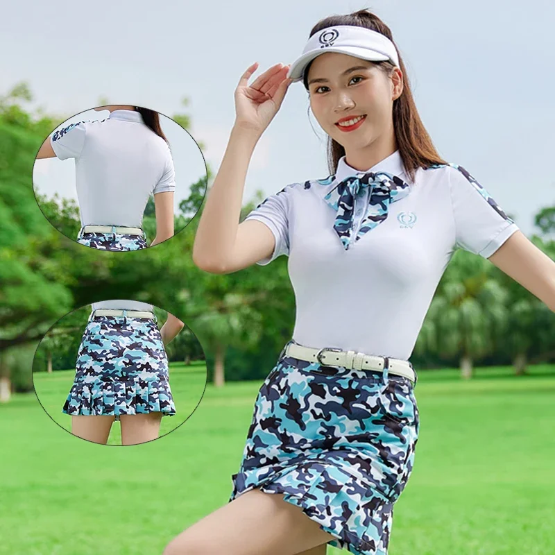 SSV Golf Women Short-sleeved Shirt with Ribbon Camouflage Printed Tops Ladies Anti-exposure Skirt A-lined Golf Sports Skorts