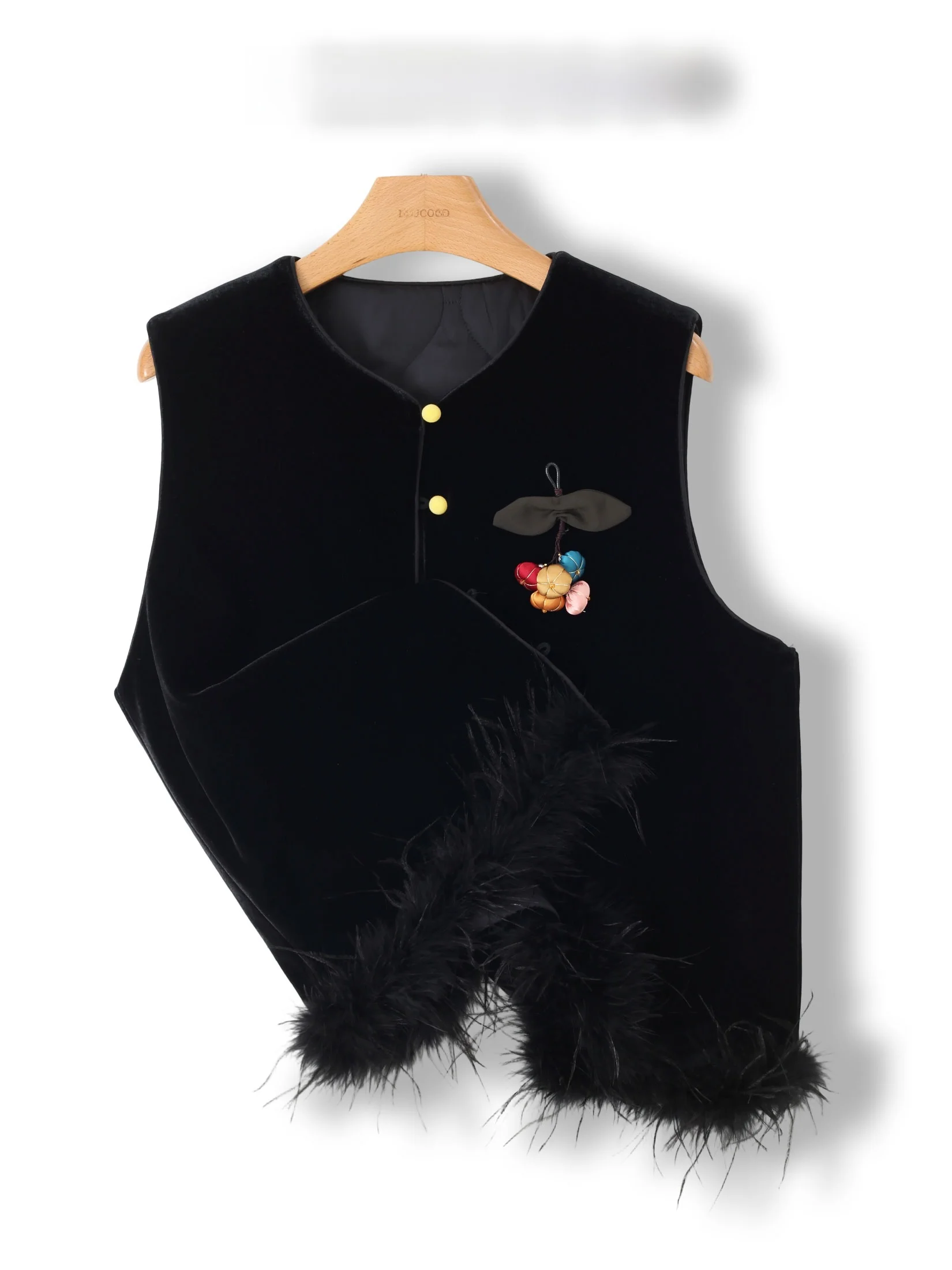 

Elevate Your Elegance Black Velvet Bird Feather Jacket Women's National Style Cotton Vest Thickened Winter Short Coat