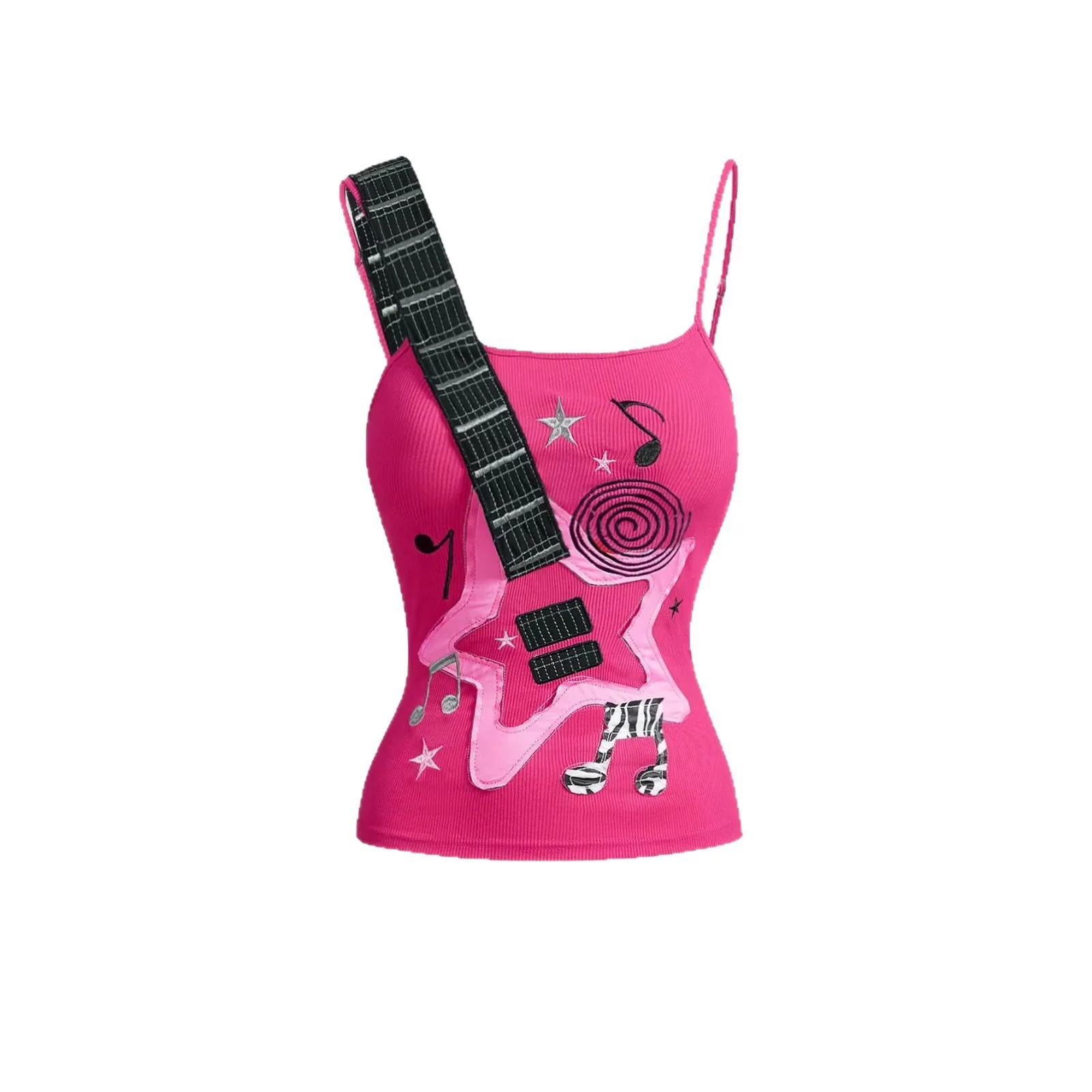 Summer Y2K Punk Rock Trend Musical Note Embroidery design sticking cloth Camisole Vintage Fashion Hip Hop Slim leisure Girl Top