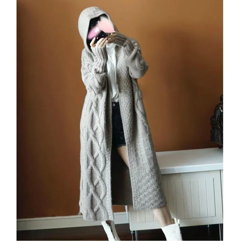 Women's 2024 Autumn and Winter Lazy Wind Hooded Thick Knitted Cardigan Temperament Long Solid Color Sweater Coat Long Sleeves