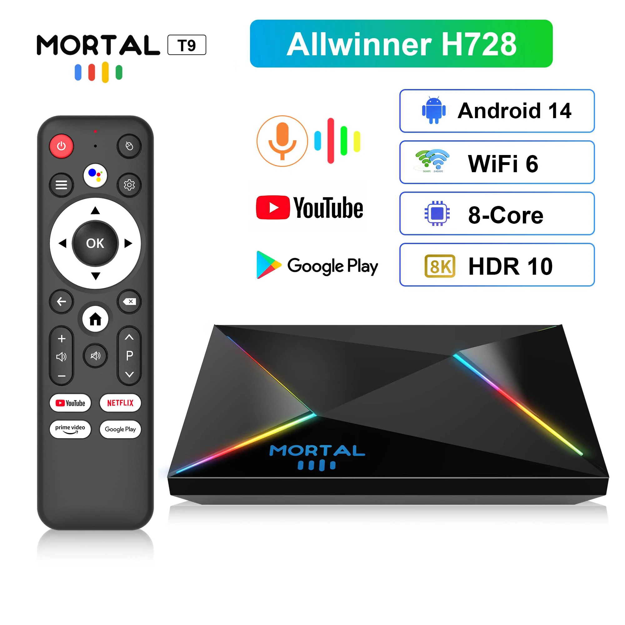 Android14 Streaming TV Box Wifi6 1000M Mortal T9 Smart 8K 4K المسرح المنزلي AllwinnerH728 ثماني النواة Netflix Bluetooth Chromecast