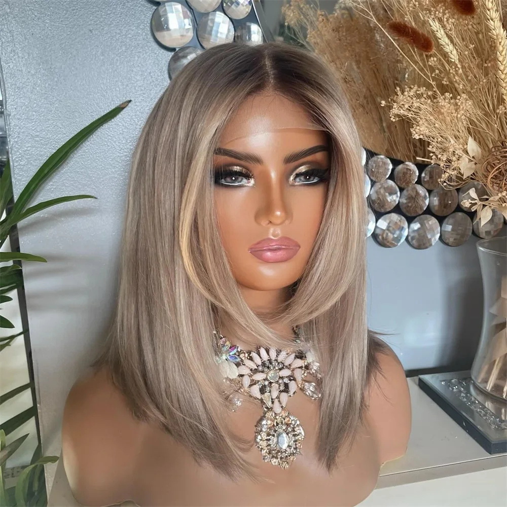 

Balayage Highlight Bob Lace Wigs Ashy Biscuit Light Blonde 10” Lace Front Bob Wig 100% Human Hair Wig for Women HD 13x4 Glueless