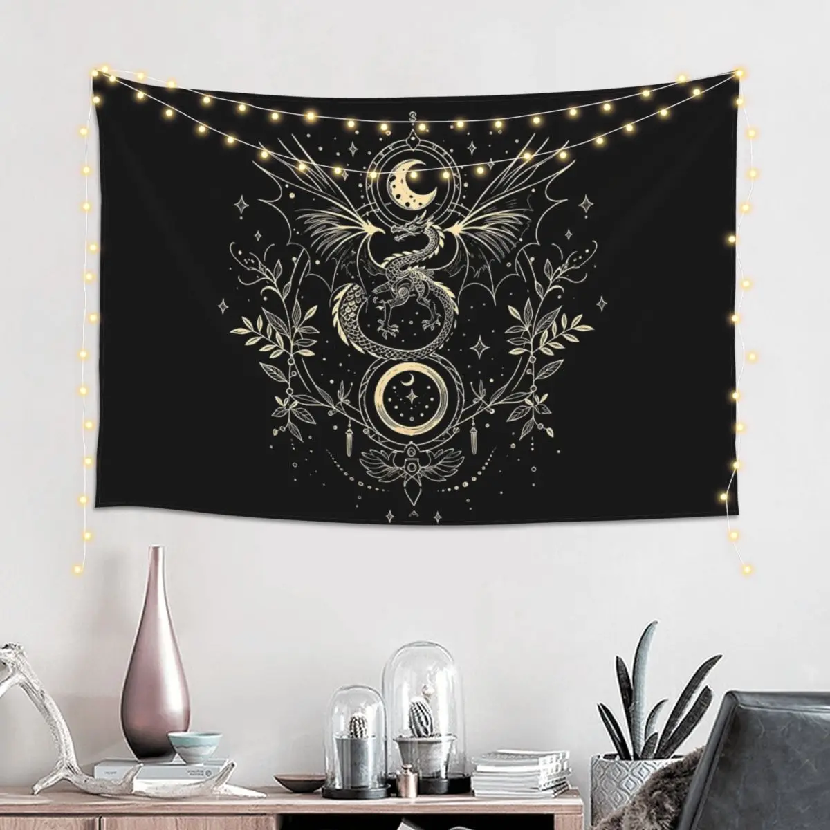 Celestial Dragon And Moon Graphic Tee Mystical Floral Print Tapestry Art Wall Hanging Aesthetic Home Decoration Tapestries