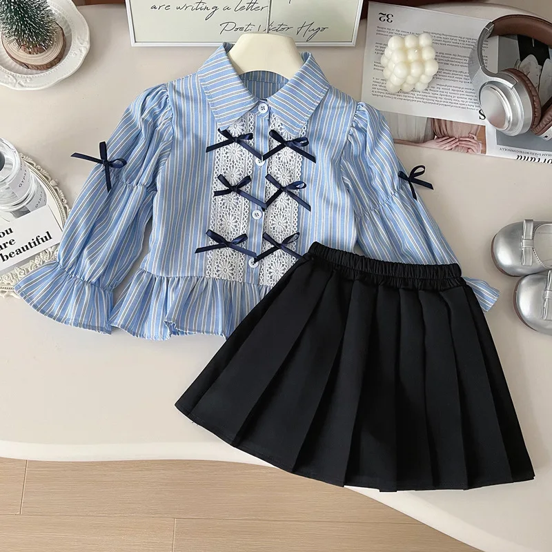 

Girls' Suit Skirt Autumn New2024Little Girl's Bow Striped Shirt Pleated Skirt Two-Piece Suit Fashion