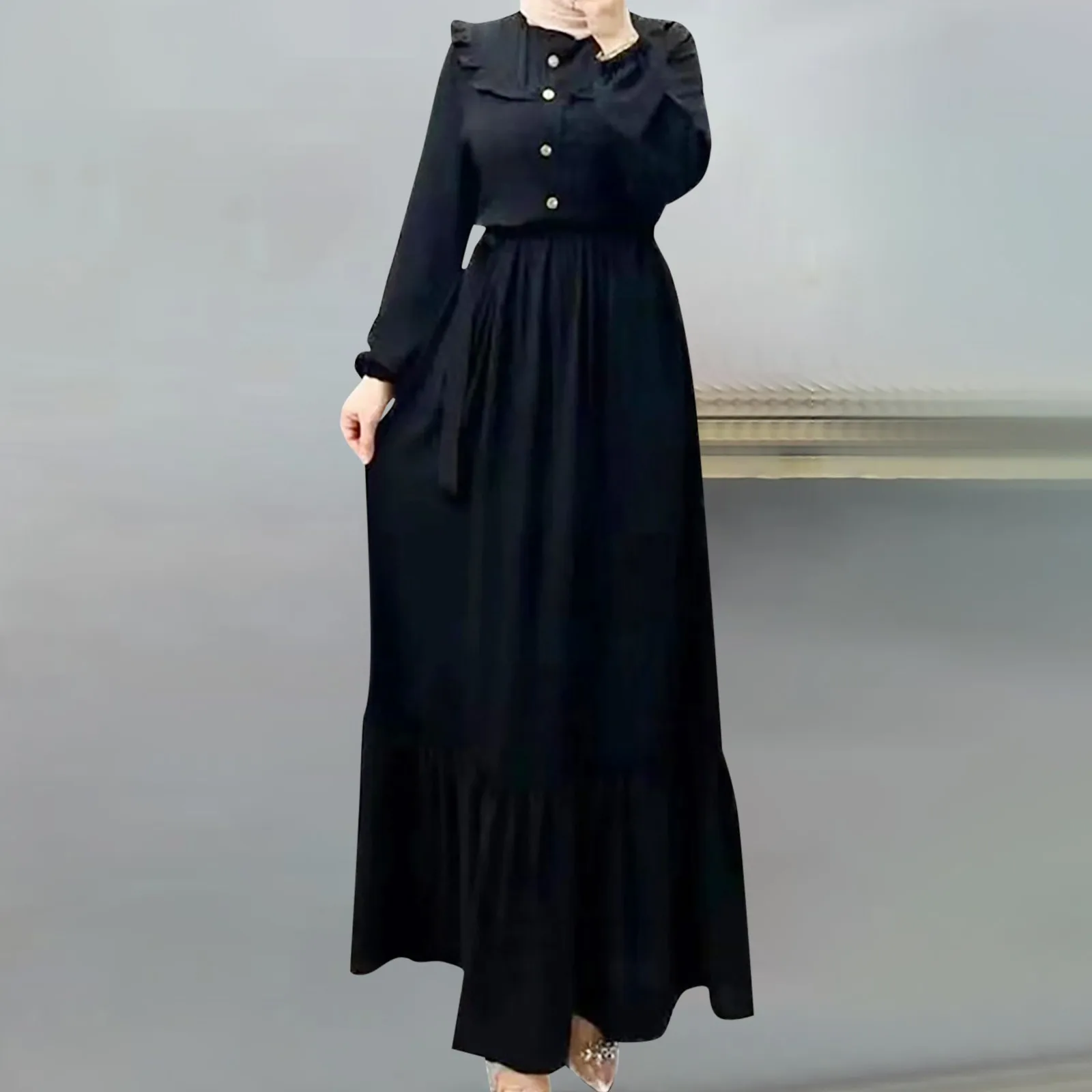 

Women's Muslim Solid Color Dress With Button Casual Vogue High Neck Belt Ruffle Dresses Long Sleeve Ankle Length Loose Sundress