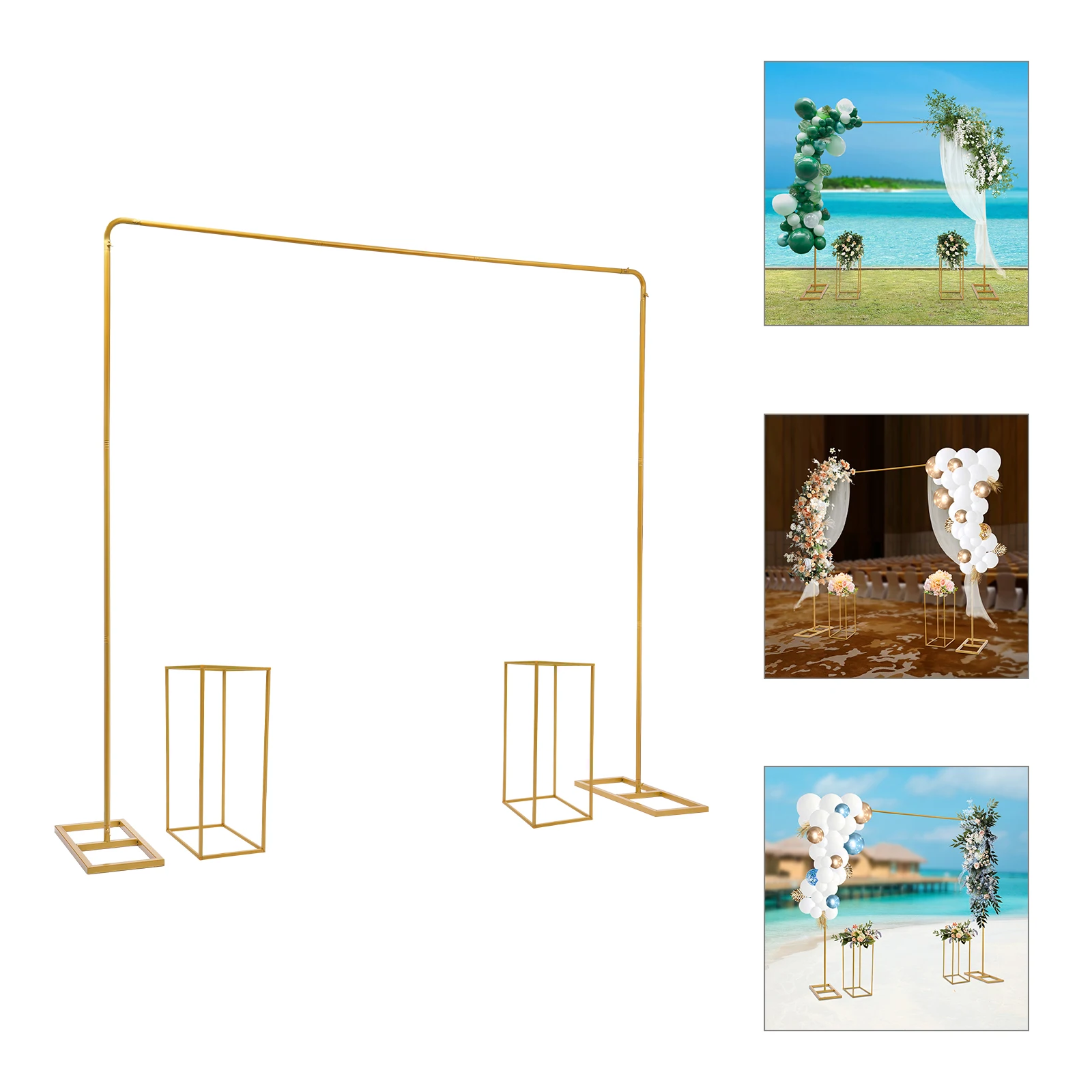 

2*2m Gold Wedding Arch Backdrop Stand w/2 Flower Stands, 6.6FT Reusable Square Wedding Arches for Ceremony, DIY Decoration