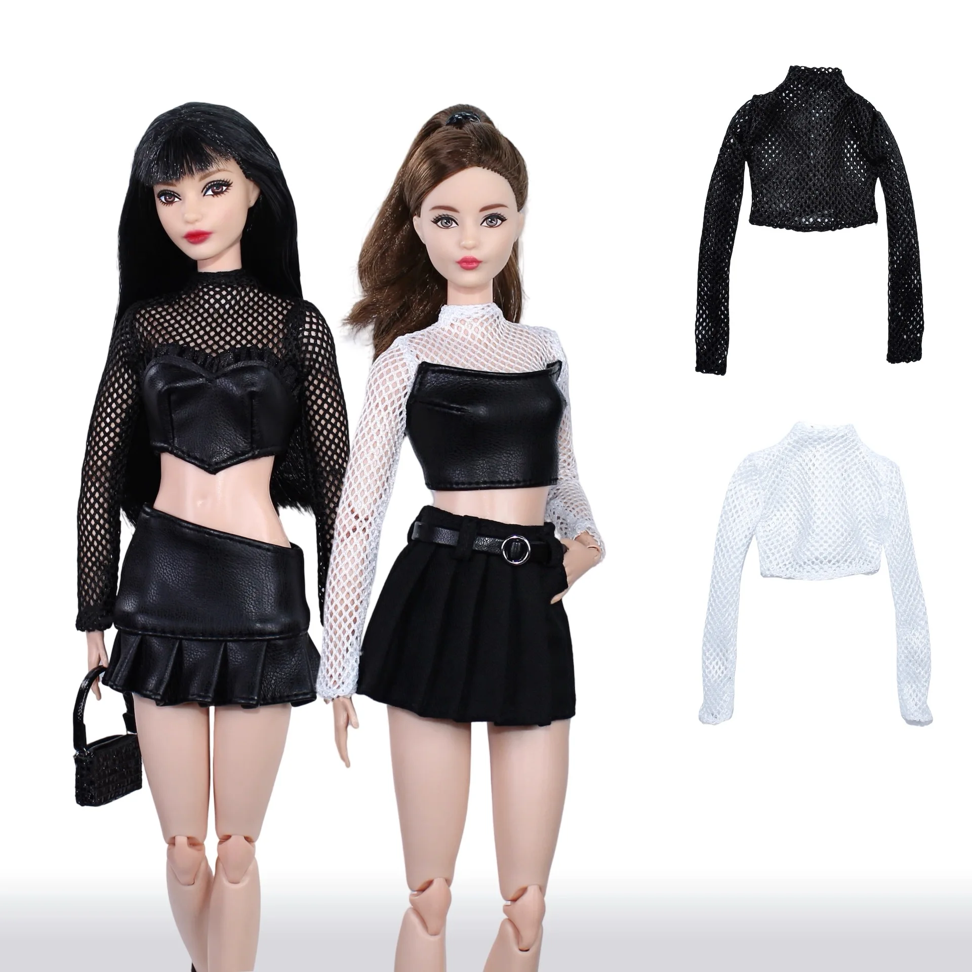 Ubranka dla lalek 30 cm, koszulka z długim rękawem z siatki wędkarskiej + modna skórzana kamizelka z serduszkiem Spice Girls dla lalek 1/6 BJD OB24 FR Supermodel Dress Up