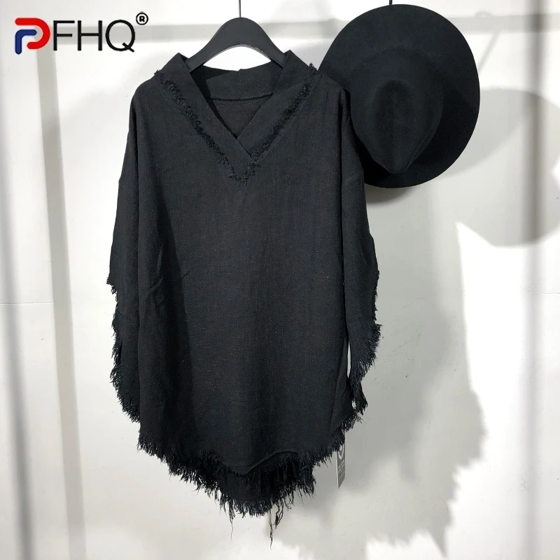 PFHQ Darkwear Irregular Linen Loose Short Sleeved T-shirt Streetwear 2024 V-neeck Solid Color Male Tops New Fashion 21Z7751