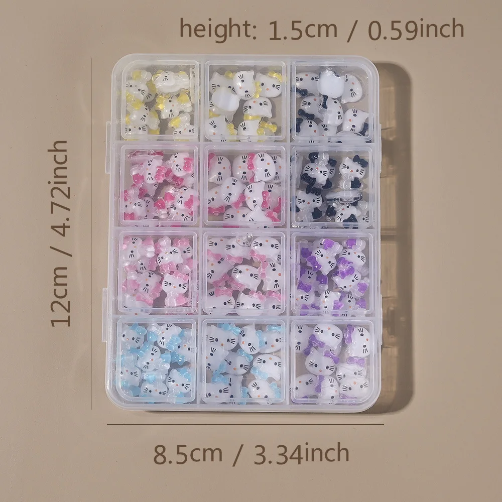 120PCS Boxed Colorful Bow Hello Kitty Nail Charms Mixed Resin Nail Decorations DIY Manicure Nail Art Accessories