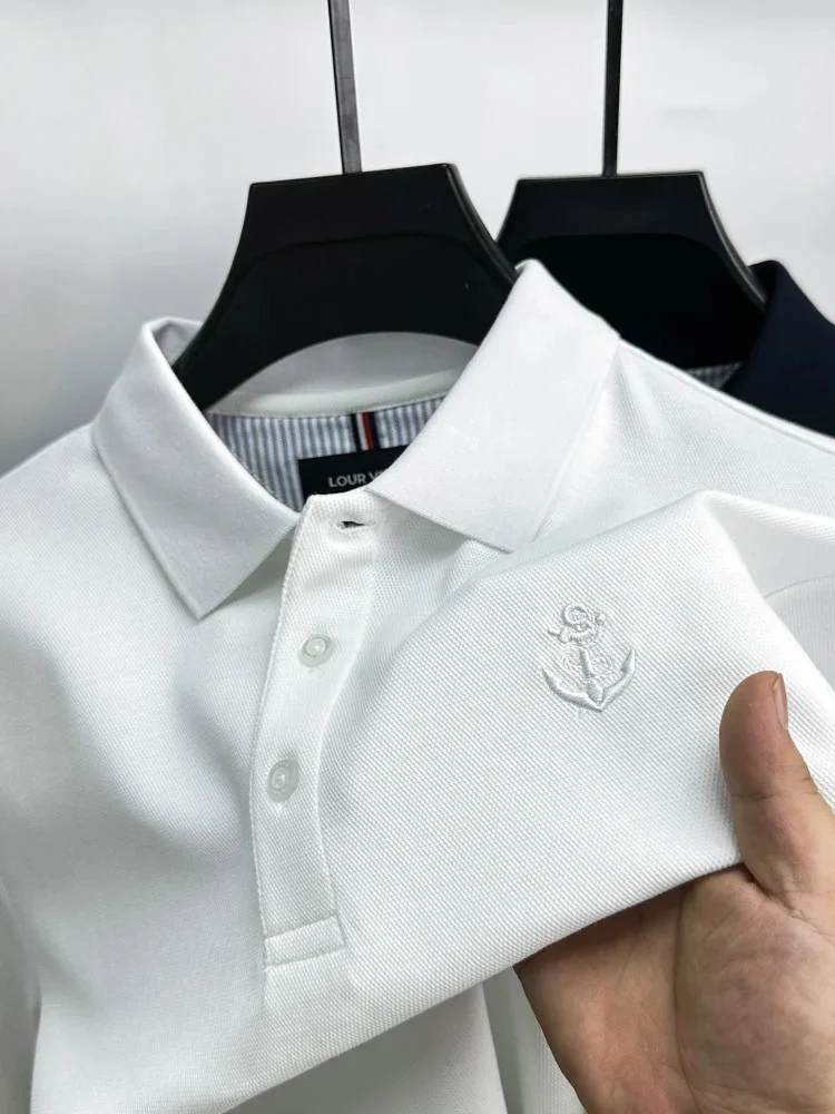 High-end Men's Spring and Autumn Design Long-sleeved High-quality Anchor Embroidered Lapel Polo Shirt Business Casual Top