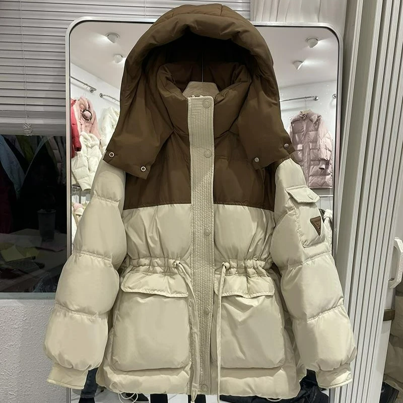 2026 Winter A Mid-length Hooded Zipper Down Jacket with A Stand-up Collar for Women Cinched Waist Warm Coats for Petite Women