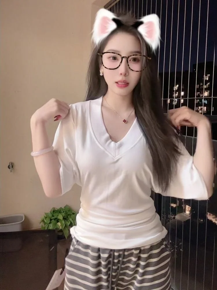 Pure Cotton V-Neck T-Shirt Loose Fit Casual Style Drawstring Waist Summer New Arrival Women's Fashionable Lazy Atmosphere Shirt