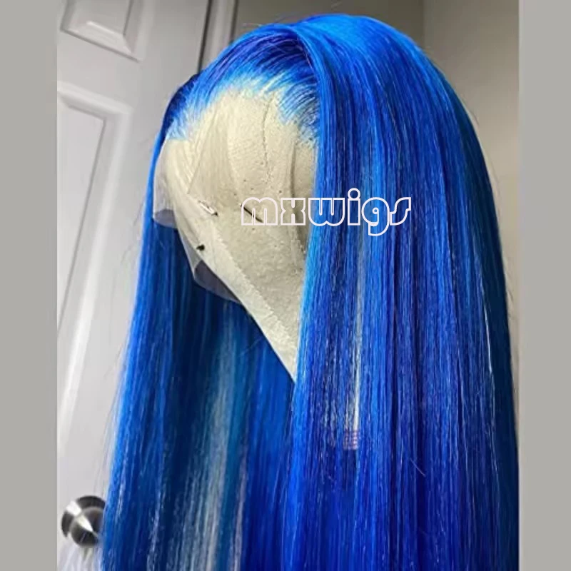 MXWIG Synthetic Hair Blue Color Straight Glueless  13X4 Lace Front Wig For Black Women Preplucked 26 