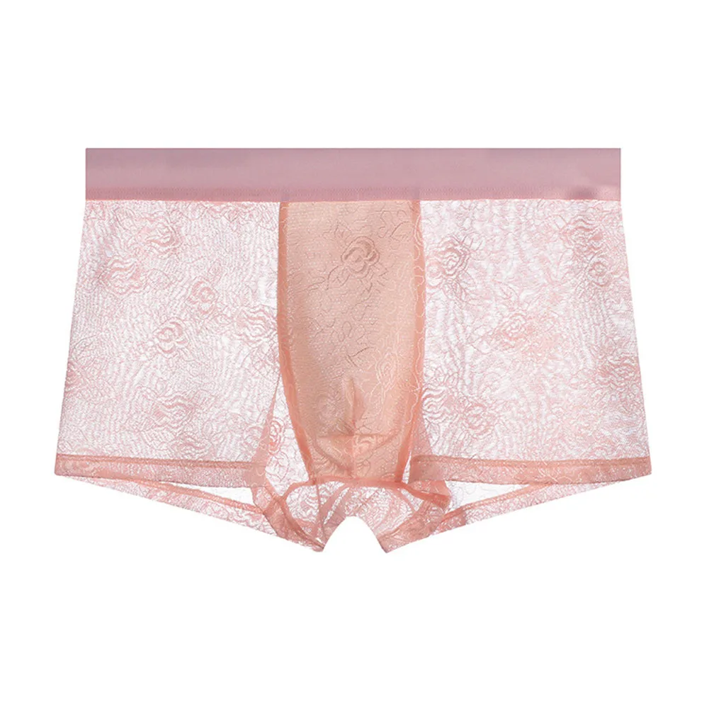 Men's Ice Silk Lace Boxer Shorts Bulge Pouch Solid Underwear See Through Trunks Boxers Man High Elastic Men's Panties