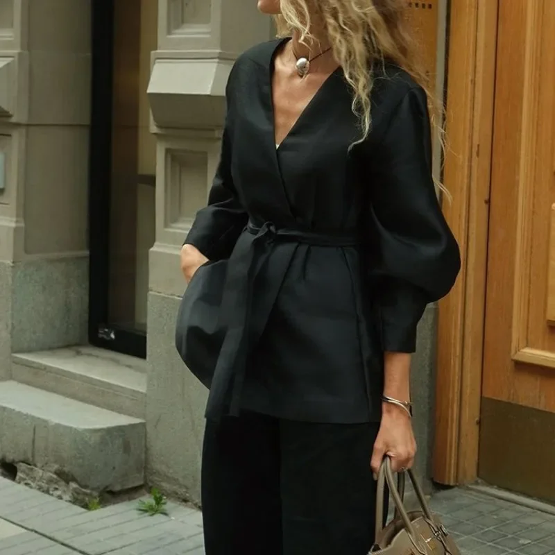 

V Neck Lantern Sleeve Shirt Single Breasted Tie Up Black Office Lady Chic High Street Commuting Women Summer Tops Streetwear