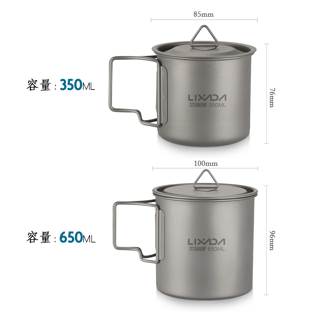Lixada Ultralight Titanium Cup Water Cup Mug with Foldable Handle Outdoor Portable Camping Picnic 300ml / 350ml / 550ml / 650ml