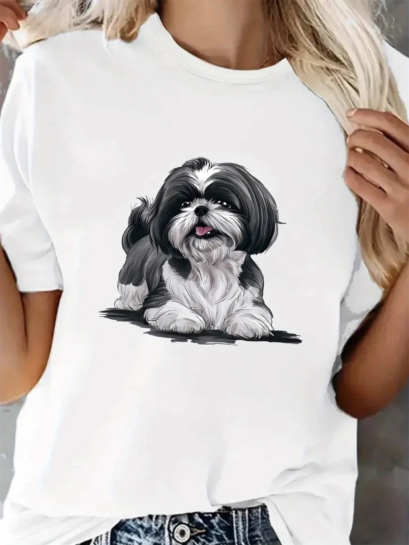

2026 New Women'S Casual Crew Neck T-Shirt with Shih Tzu Dog Print with Medium Stretch Knit Fabric Short Sleeve Tee for Summer