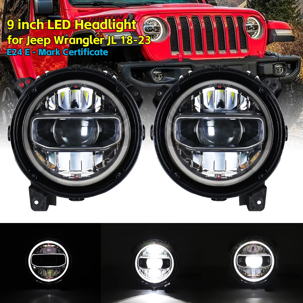 for Jeep Wrangler JL JLU JT Rubicon 18-23 LED Light 9 Inch Headlights Hi/Low Beam Halo DRL Lights E24 e-Mark Certificate