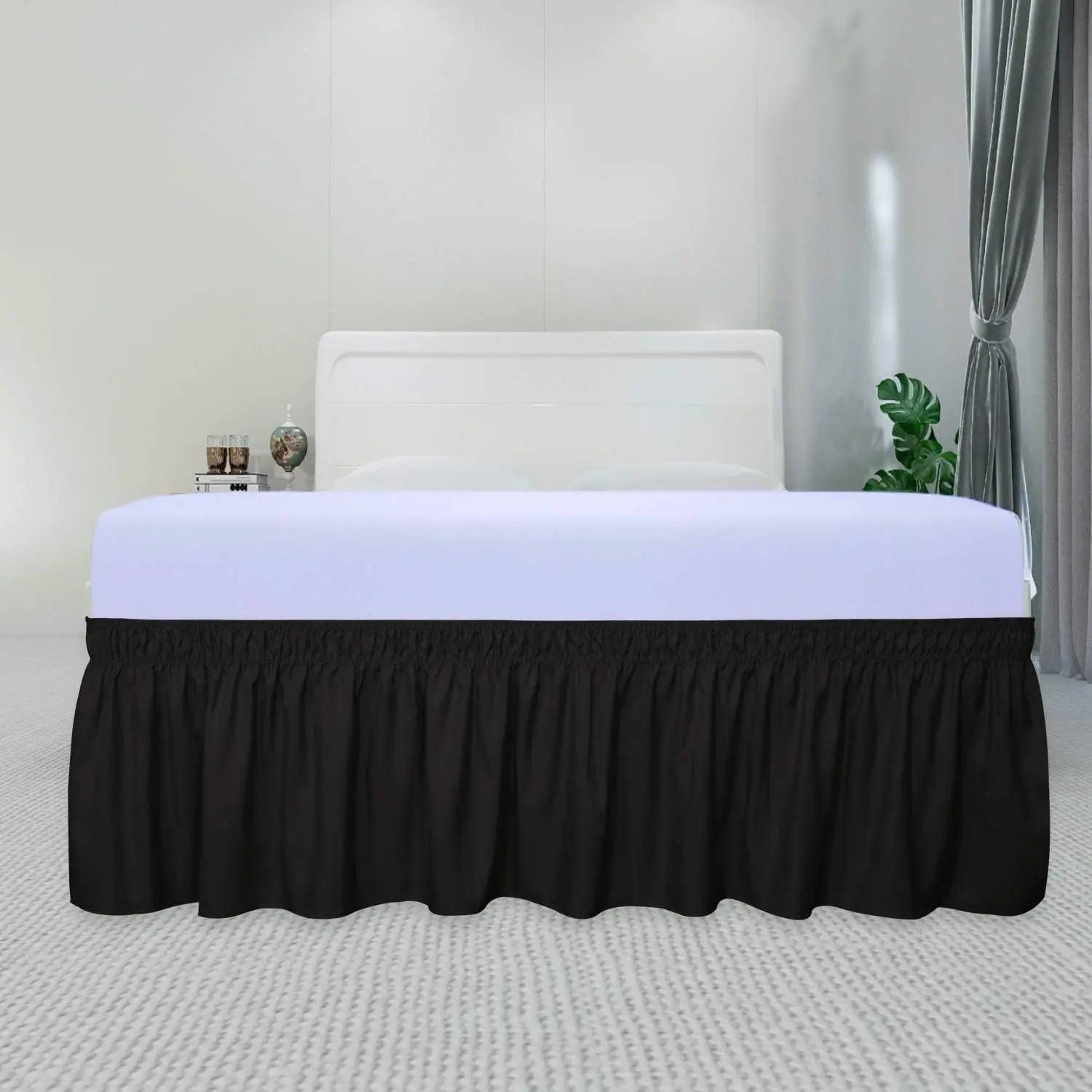 

Black Wrap Around Ruffled Bed Skirt with Adjustable Elastic Belt Olympic Queen - 17" Drop Length Wrinkle Free Bedskirt