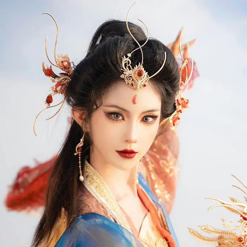 Ancient Style Womens Metal Flame With Fringe Hairpin Chinese Hanfu Headdress