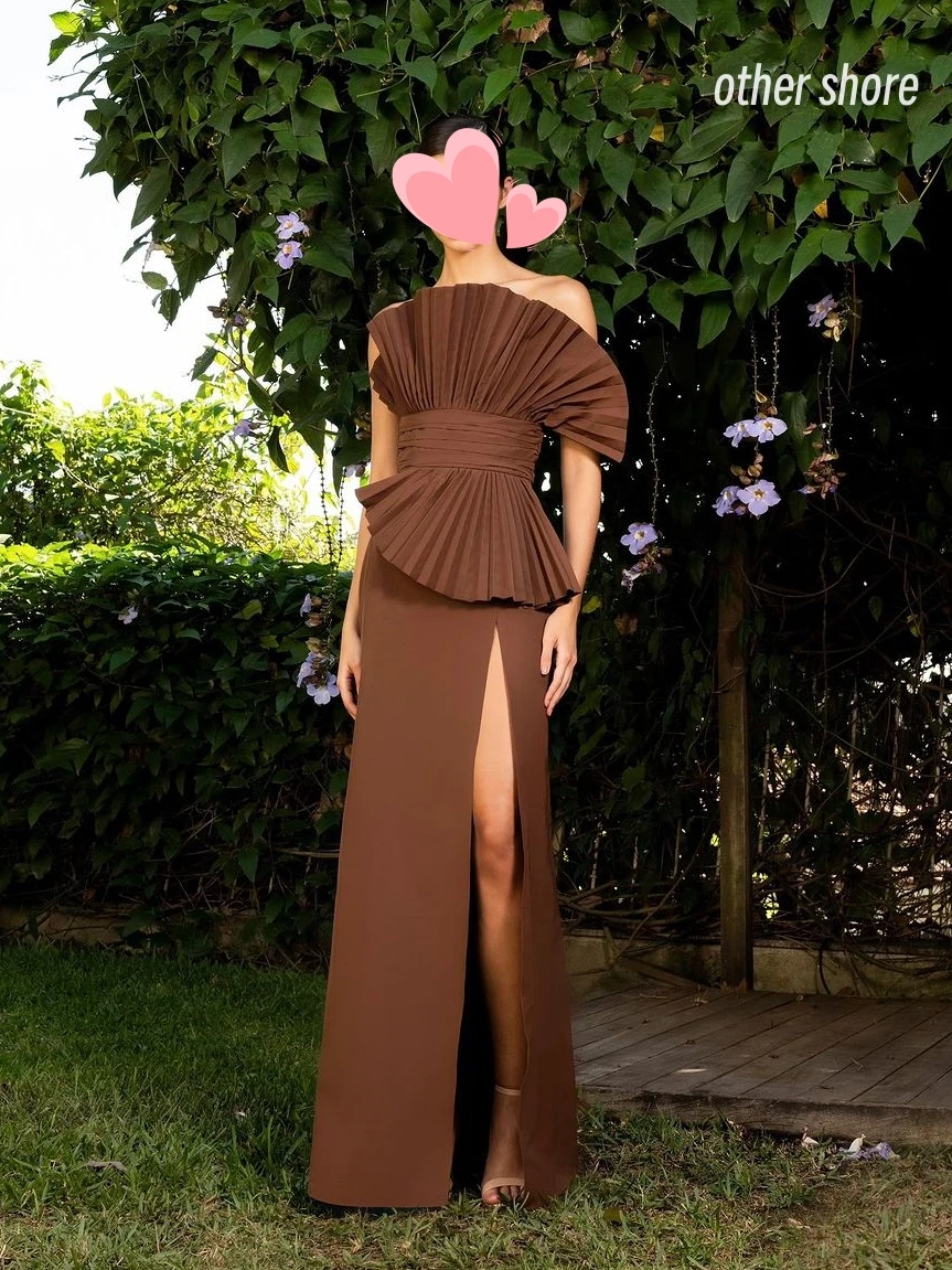 

Other Shore Elegant Vintage Sexy Brown Ruffle Strapless Slit Customize Formal Occasion Prom Dress Evening Party Gowns