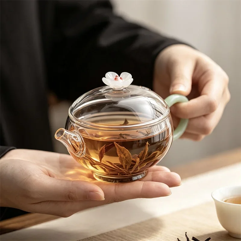 150ML Small Glass Teapot With Flower Lid Knob Jade Handle Heat Resistant High Borosilicate Kung Fu Tea Pot Home Teaware