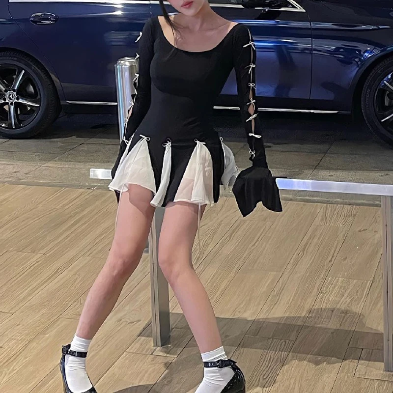 Mini abito nero per le donne autunno Patchwork moda manica svasata fasciatura Sexy o-collo a-line Dress Casual Club elegante Partywear